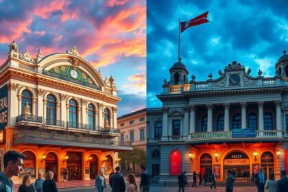 Budapesti Operettszínház és Madách Színház esti fényekben.