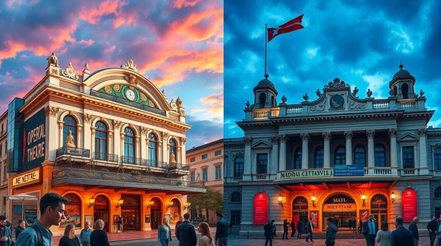 Budapesti Operettszínház és Madách Színház esti fényekben.