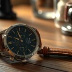 Elegáns férfi karóra barna bőrszíjjal asztalon