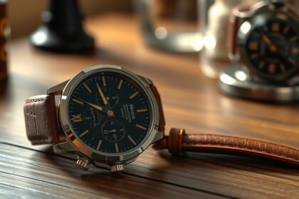 Elegáns férfi karóra barna bőrszíjjal asztalon