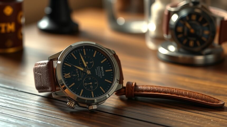 Elegáns férfi karóra barna bőrszíjjal asztalon