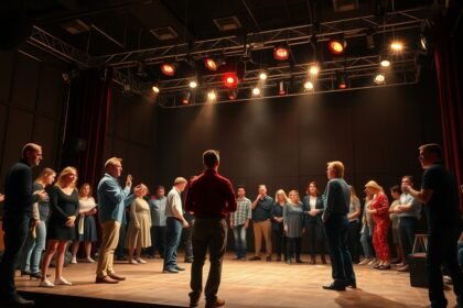 Színészek próbálnak egy színházi előadásra a színpadon.