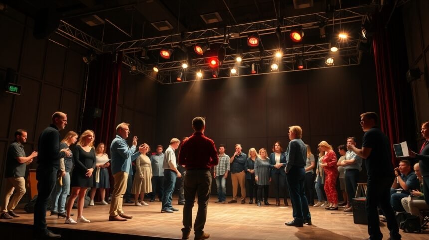 Színészek próbálnak egy színházi előadásra a színpadon.