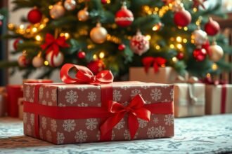 Karácsonyi ajándékdoboz ünnepi dekorációval és fával