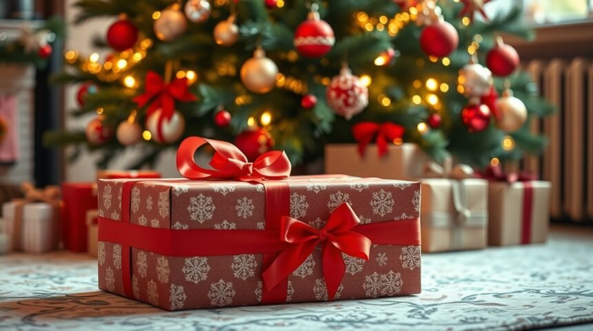 Karácsonyi ajándékdoboz ünnepi dekorációval és fával