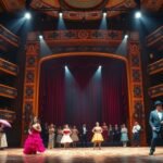 Színészek előadása egy színházban és a színpadon.