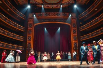 Színészek előadása egy színházban és a színpadon.