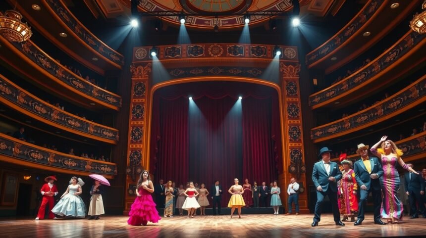 Színészek előadása egy színházban és a színpadon.