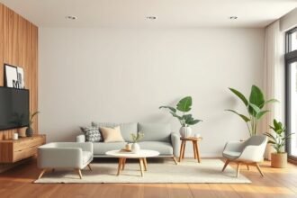 Modern lakásbelső, világos színek és növények a napi kényelemért.