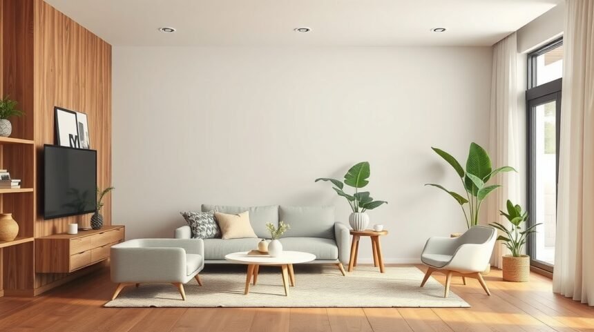 Modern lakásbelső, világos színek és növények a napi kényelemért.