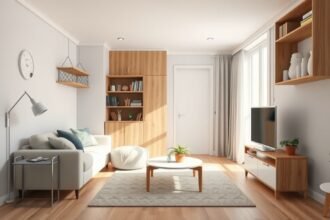 Kis lakás modern berendezése helytakarékos bútorokkal.