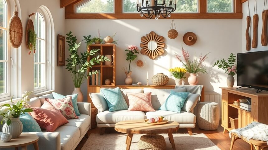 Hálószoba tavaszi dekorációs ötletekkel DIY stílusban.