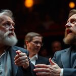 Két magyar színész színpadon való beszélgetése előadás közben.