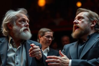 Két magyar színész színpadon való beszélgetése előadás közben.