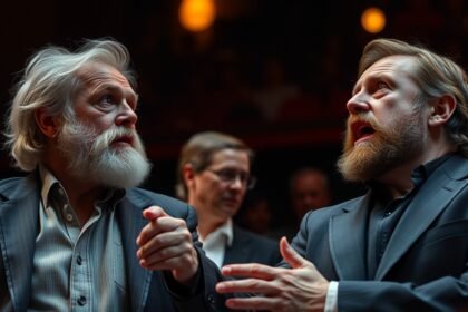 Két magyar színész színpadon való beszélgetése előadás közben.