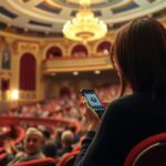 Néző a színházban, mobiltelefon használata közben