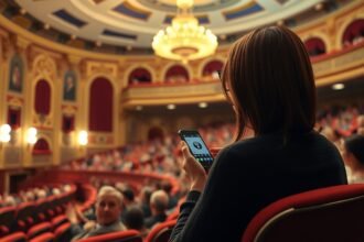 Néző a színházban, mobiltelefon használata közben