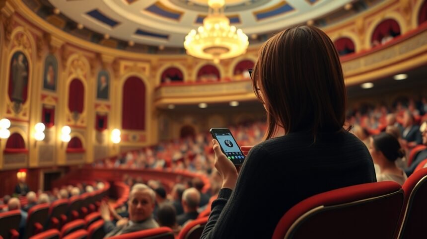 Néző a színházban, mobiltelefon használata közben