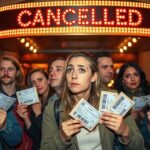 Csoport emberek eltűnt előadás mögött, jegyekkel a kezükben.