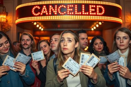 Csoport emberek eltűnt előadás mögött, jegyekkel a kezükben.