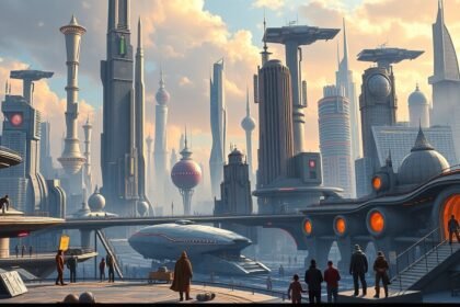 Futurisztikus városkép sci-fi stílusban.