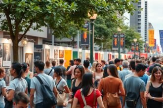 Folyamatos látogatók a szabadtéri művészeti kiállításon.