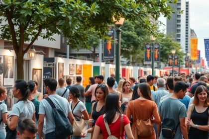 Folyamatos látogatók a szabadtéri művészeti kiállításon.
