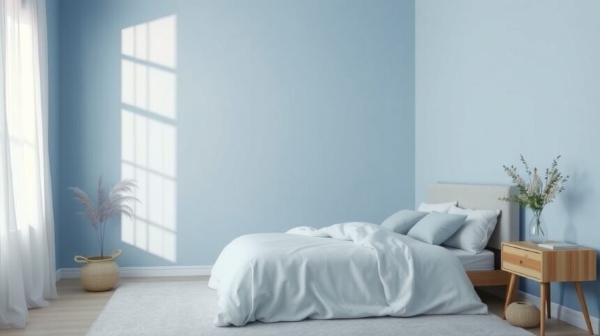 Nyugodt, világoskék hálószoba minimalista berendezéssel