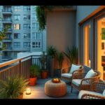 Stylishly decorated balcony with plants and cozy seating in a panel apartment.