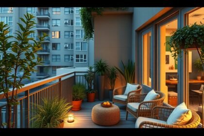 Stylishly decorated balcony with plants and cozy seating in a panel apartment.