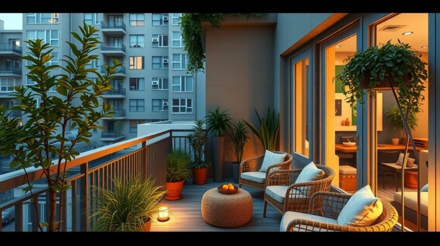 Stylishly decorated balcony with plants and cozy seating in a panel apartment.