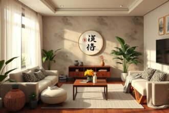 Modern lakásbelső Feng Shui elemekkel és növényekkel.