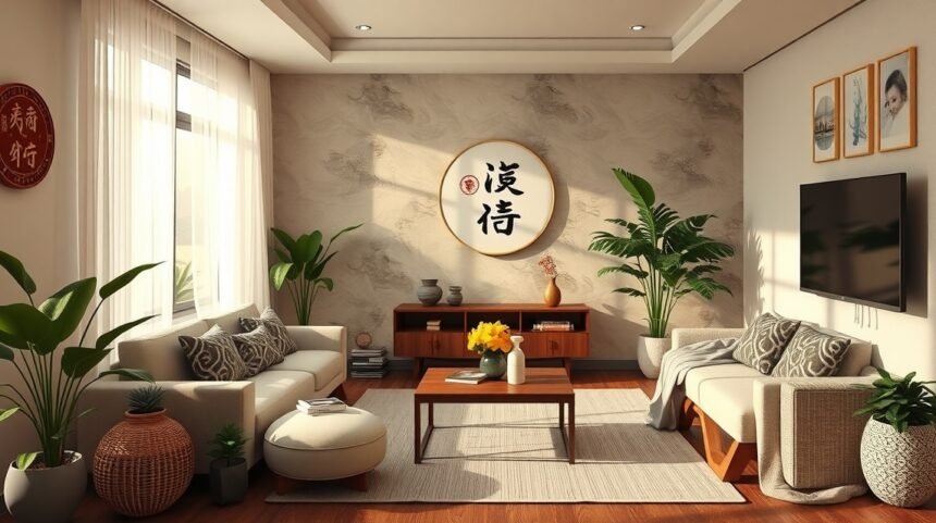 Modern lakásbelső Feng Shui elemekkel és növényekkel.