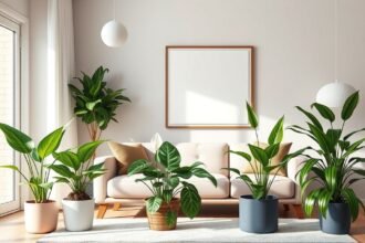 Különböző légtisztító növények egy otthoni nappaliban.