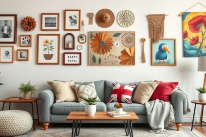 Színes DIY fali dekoráció egy otthonos nappaliban