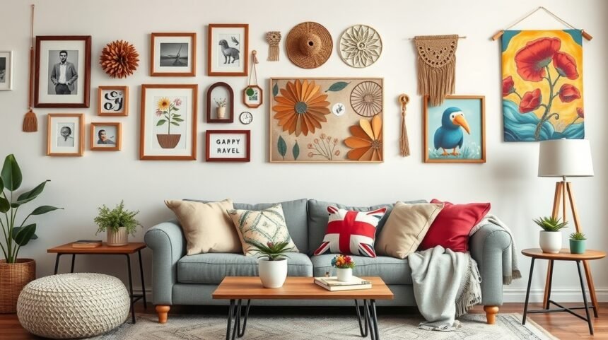 Színes DIY fali dekoráció egy otthonos nappaliban