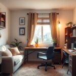 Kis helyen kialakított otthoni iroda, modern bútorokkal és tárolással.