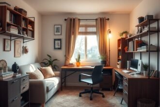 Kis helyen kialakított otthoni iroda, modern bútorokkal és tárolással.