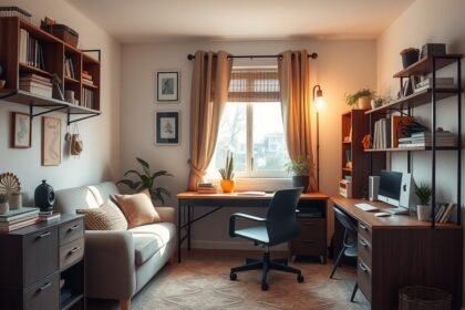 Kis helyen kialakított otthoni iroda, modern bútorokkal és tárolással.