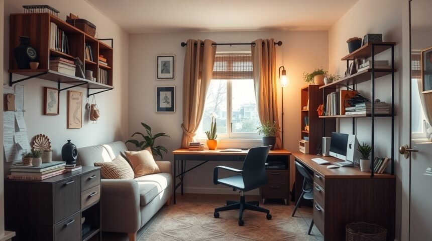 Kis helyen kialakított otthoni iroda, modern bútorokkal és tárolással.