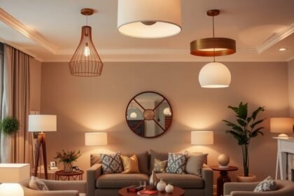 Modern nappali világítás különböző lámpákkal és stílusokkal.