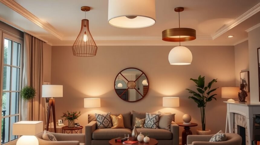 Modern nappali világítás különböző lámpákkal és stílusokkal.