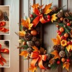 Kézműves őszi ajtódísz koszorú levelekkel, tobozokkal és szalaggal.