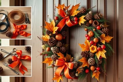 Kézműves őszi ajtódísz koszorú levelekkel, tobozokkal és szalaggal.