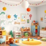 Kreatív gyerekszoba dekoráció színes bútorokkal és játékokkal.