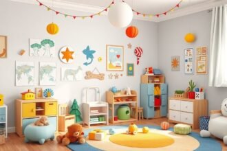 Kreatív gyerekszoba dekoráció színes bútorokkal és játékokkal.