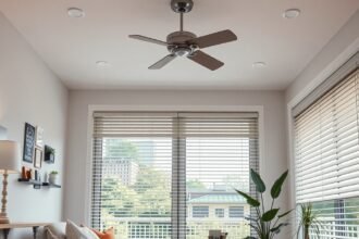 Modern okosotthon belső tér, világítással és ventilátorral.