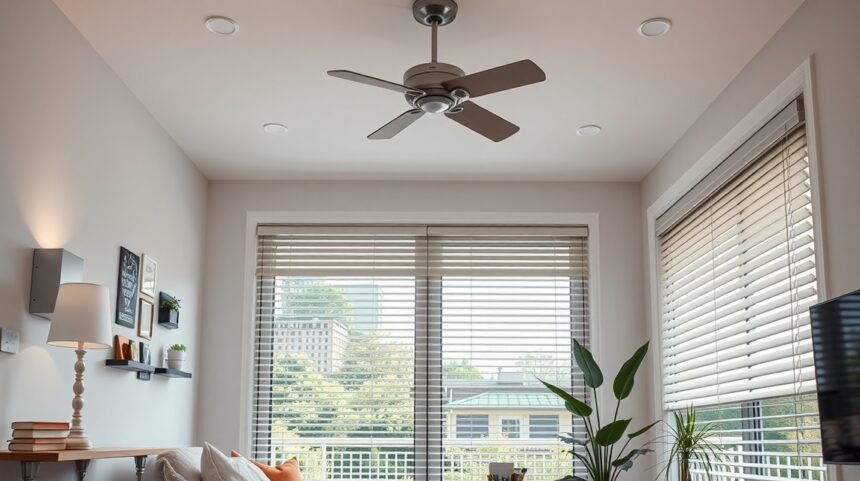 Modern okosotthon belső tér, világítással és ventilátorral.