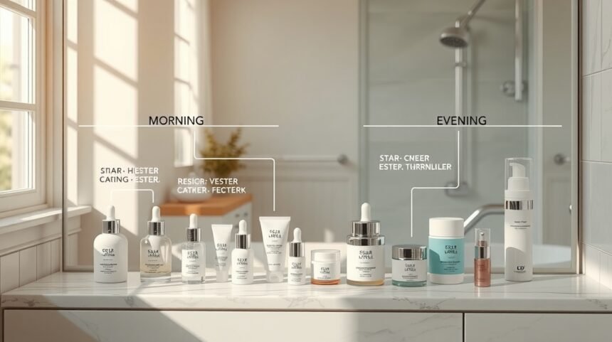 Bőrápolási rutin reggel és este a tükör előtt.