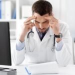 Stresszes orvos dolgozik az irodájában számítógép előtt.